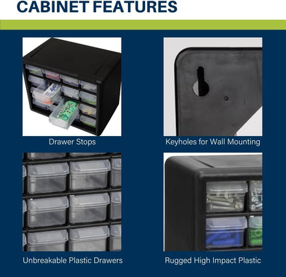 Akro-Mils 44-Drawer Plastic Drawer Storage Cabinet for Garage Organization, Bead Organizer, Building Bricks Storage, Teacher Toolbox, Makeup Organizer, 20" W x 6" D x 16" H, 10144 Black