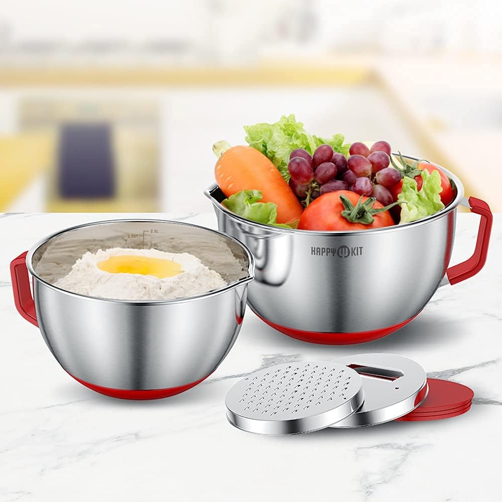 HAPPY KIT 304 Mixing Bowls with Lids Set of 2,Stainless Steel Mixing Bowl with Pour Spout, Non-slip Handle and Bottoms, 3 Grater Attachments, Measurement Marks & Lid, Size 5QT, 3QT(Red)