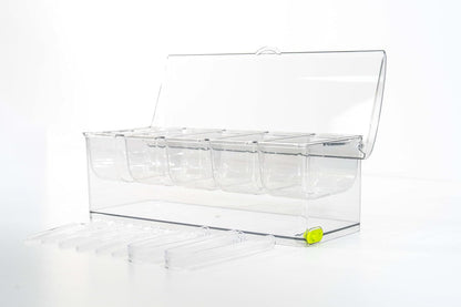 Ice Chilled 5 Compartment Condiment Serving Tray; Condiment Caddy with 5 Removable Containers; Cold Serving Trays for Food Party; Bar Accesories Fruit and Salad Caddy with Lid
