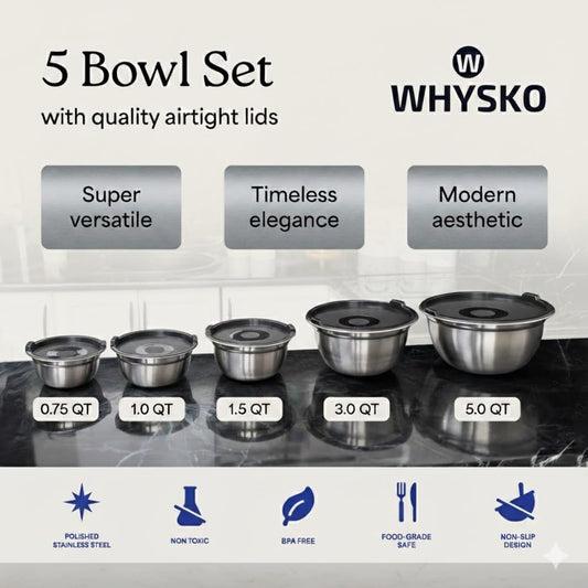 WHYSKO Stainless Steel Mixing Bowls with Lids Set - 5 Rustproof Metal Nesting Mixing Bowls for Kitchen, Meal Prep, Baking, Cooking, Storage - Includes 3 Grater Attachments, Dishwasher Safe