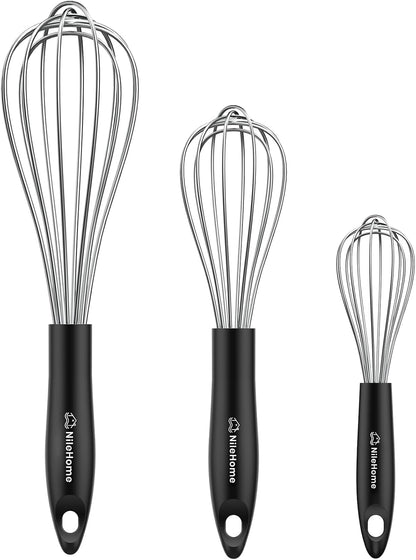 NileHome 3-Pack Stainless Steel Whisk Set, Kitchen Utensils for Cooking