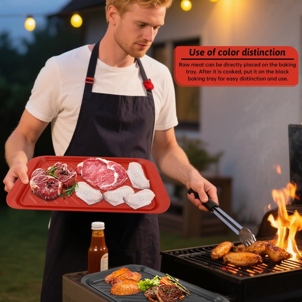 Grill Prep Trays Set of 2, 17.2 x 10.5 in Melamine BBQ Serving Trays with Tongs, Red and Black Nesting Trays for Prep and Serve, Dishwasher Safe