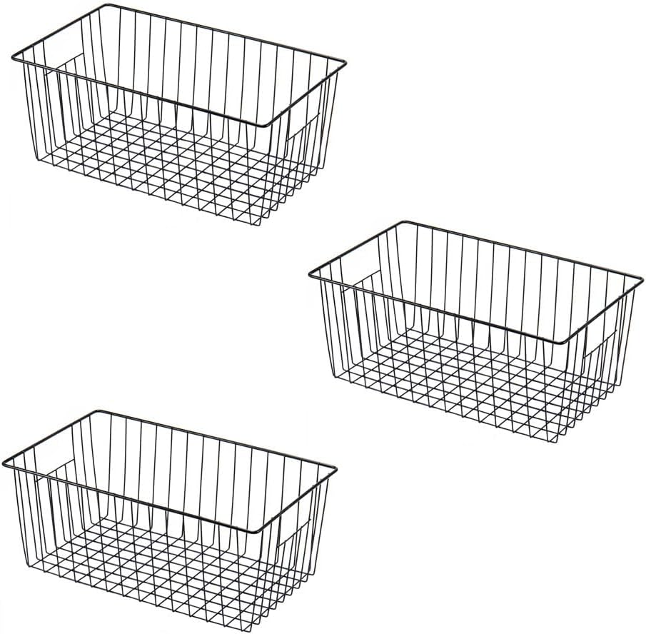 16" L x 12" W Wider Freezer Storage Organizer Baskets Container, Deep Metal Wire Chest Upright Refrigerator Divider Bins with Built-in Handles for Cabinet, Pantry, Closet, Kitchen