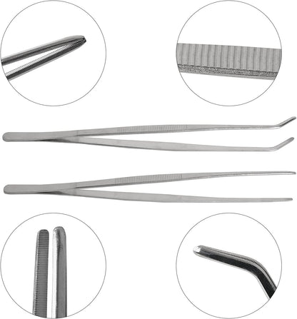 2 Pcs 12 Inch Long Handle Stainless Steel Straight and Curved Tweezers Nippers, Set with Serrated Tips Comfortable Ridged Handle for Garden, Kitchen, Indoors and Outdoors