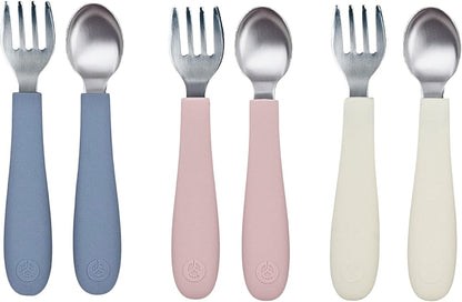 Kids Stainless Steel Utensils Set - Premium 18/8 Grade Silverware Kit - 2 Spoons, 2 Forks, and 2 Knives for Ages 4-7 - Silicone Easy-Grip Handles - Children Flatware Cutlery (Matte - Pink, Off White)