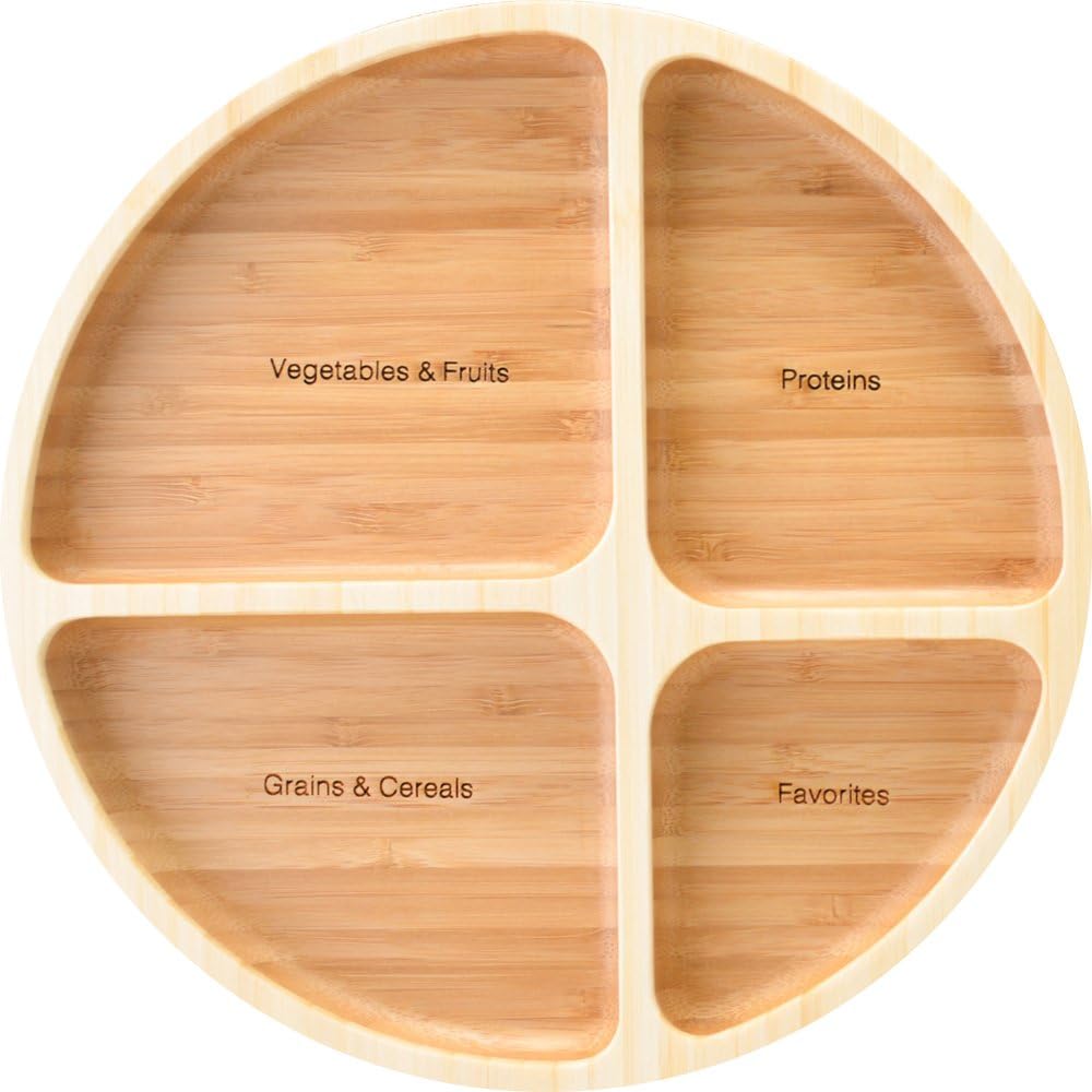 laboos Bamboo Portion Control Plate – 4-Compartment Divided Bento Tray for Balanced Eating, Portion Control & Meal Prep – Square Wooden Dinner Plate for Adults & Kids