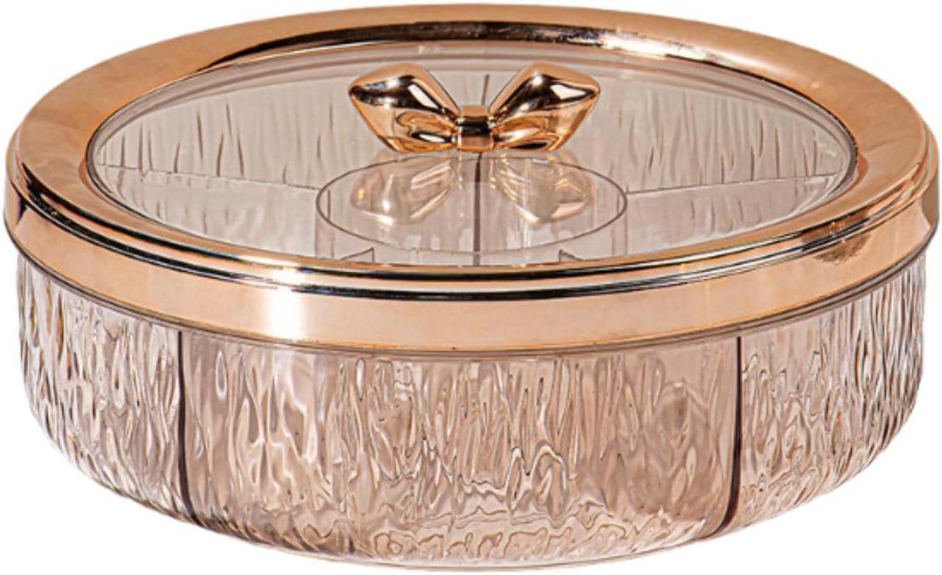 Divided Serving Tray Snack Platter Rotating 6 Compartments Dustproof Nuts Storage Platter Dessert Plate for Home Living Room, rose golden ball