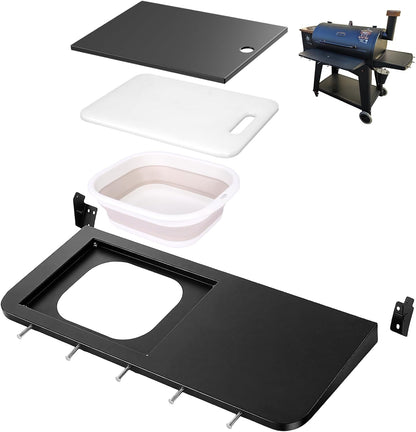 Upgraded Grill Table for Weber Kettle 22"/18"/26", Master Touch 22", Smokey Mountain, Recteq Pellet Grill RT-B380, Prep Station with Cutting Board, Basin, 4 Hooks, Shelf for Weber Kettle Accessories