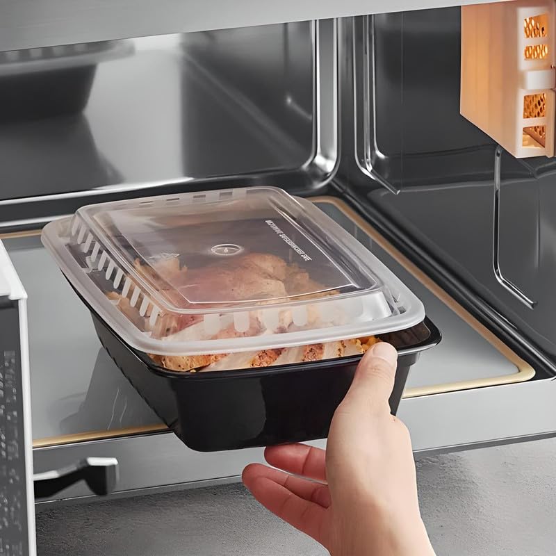 OCS Parts 10-Pack Heavy Duty Microwavable Food Prep Containers | 38-Ounce Disposable Reusable Black Plastic Food Storage Container with Lid for Leftovers, Lunch, and Takeout