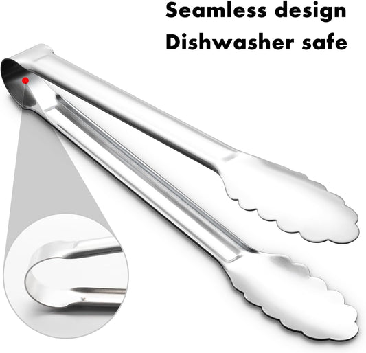 OYV Seamless Tongs for Cooking, One-Piece Design, Durable Heat Resistant Stainless Steel Tongs for Kitchen, Grill, BBQ, Salad, Dishwasher Safe, Metal Tongs Set (12" & 9")