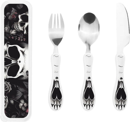 3-Piece Kids Silverware Set With Storage Case, Stainless Steel Reusable Children Safe Knife Spoon Fork Set Black And White Grid Children Flatware Set For Kids Lunch Box