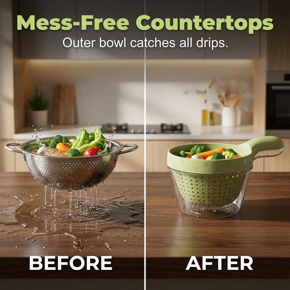 2-in-1 Detachable Fruit Washing Basket, Double-Layer Strainer Colander Bowl Set with Ergonomic Handle, BPA-Free Mess-Free Drain Bowl for Berries/Vegetables/Pasta, 7.48" Small Kitchen Colander (Green)