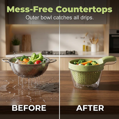 2-in-1 Detachable Fruit Washing Basket, Double-Layer Strainer Colander Bowl Set with Ergonomic Handle, BPA-Free Mess-Free Drain Bowl for Berries/Vegetables/Pasta, 7.48" Small Kitchen Colander (Green)