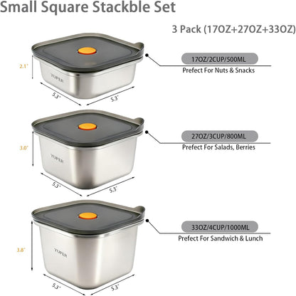 YUPER Stainless Steel Food Storage Containers, Large Meal Prep Container Sets with Lids, BPA Free, Leak Proof & Airtight, Microwave, Dishwasher, Fridge, Freezer & Oven Safe, 3 Pack (84+125+162OZ)