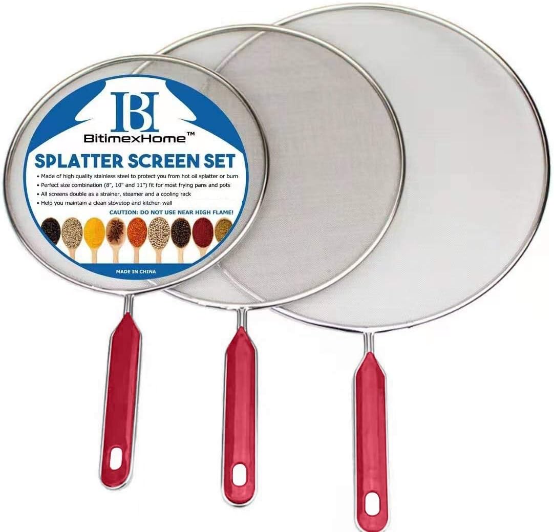 Grease Splatter Screen For Frying Pan Cooking Set of 3 (8", 10" and 11") Fine Mesh Iron Skillet Lid Guard Shield