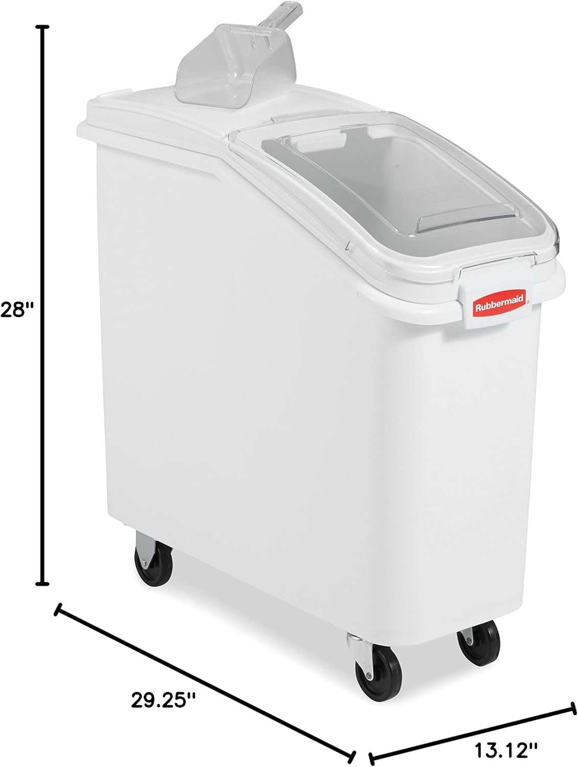 Rubbermaid Commercial Products ProSave Shelf-Storage Ingredient Bin With Scoop, 600-Cup capacity, Plastic, White, Sliding Lid, Container with Wheels for Kitchen/Restaurant Food Organization