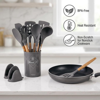 Silicone Cooking Utensils Set, Kitchen Utensils for Cooking with Holder, Wooden Handle Silicone Utensils Spatula Set, Heat Resistant, BPA Free, Non Toxic Kitchen Gadgets, Gray