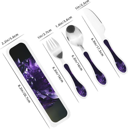 Stainless Steel Kids Silverware Set, Purple Amethyst Utensil Set Reusable Children Safe Knife Spoon Fork Set With Storage Case Dishwasher Safe For Lunch, Travel Outdoors