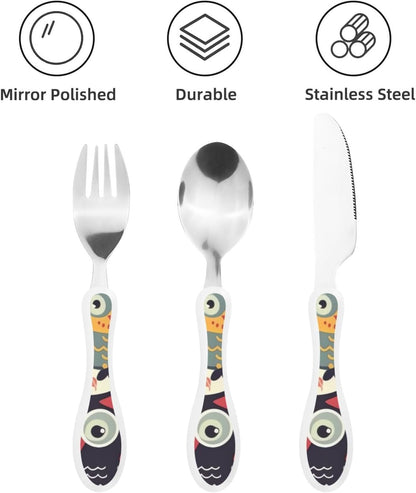 3-Piece Kids Silverware Set With Storage Case, Stainless Steel Reusable Children Safe Knife Spoon Fork Set Animal Cartoon Owls Cute Children Flatware Set For Kids Lunch Box