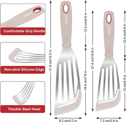 Beijiyi 2-Piece Silicone Fish Spatula for Nonstick Cookware, Heat Resistant | BPA Free, Flexible & Thin Edge, Scratch-Free, Slotted Turner, Kitchen Use, Cooking Flipper for Egg, Pancake, Dishwasher Safe