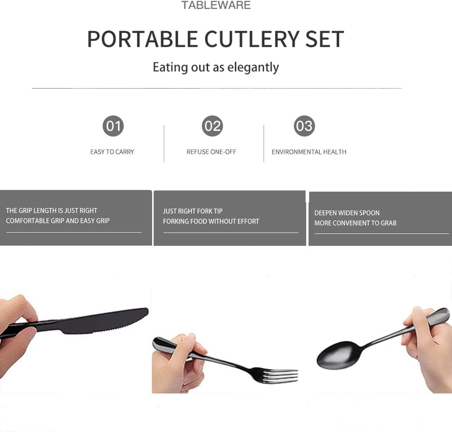 Portable Travel Utensils Set, 18/8 Stainless Steel 3 PCS Cutlery Set Including Knife Fork and Spoon, Reusable Travel Silverware Set with Case for Lunch Box Camping School Office