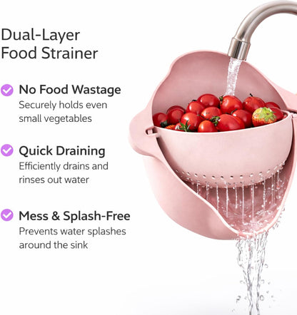 Modern Creative Double Layer Vegetable & Fruit Washing Basket – Durable Plastic Strainer in Pink–Multipurpose Kitchen Colander for Washing, Draining & Serving – Space-Saving Lightweight