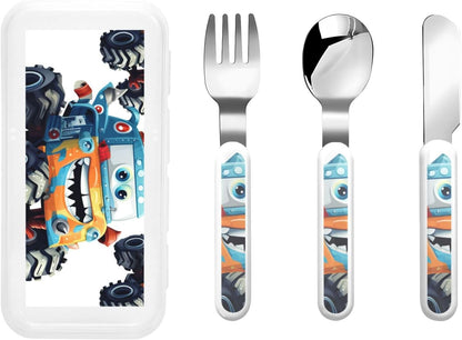 3-Piece Kids Silverware Set With Storage Case, Stainless Steel Reusable Children Safe Knife Spoon Fork Set Cute Monster Trucks Children Flatware Set For Kids Lunch Box