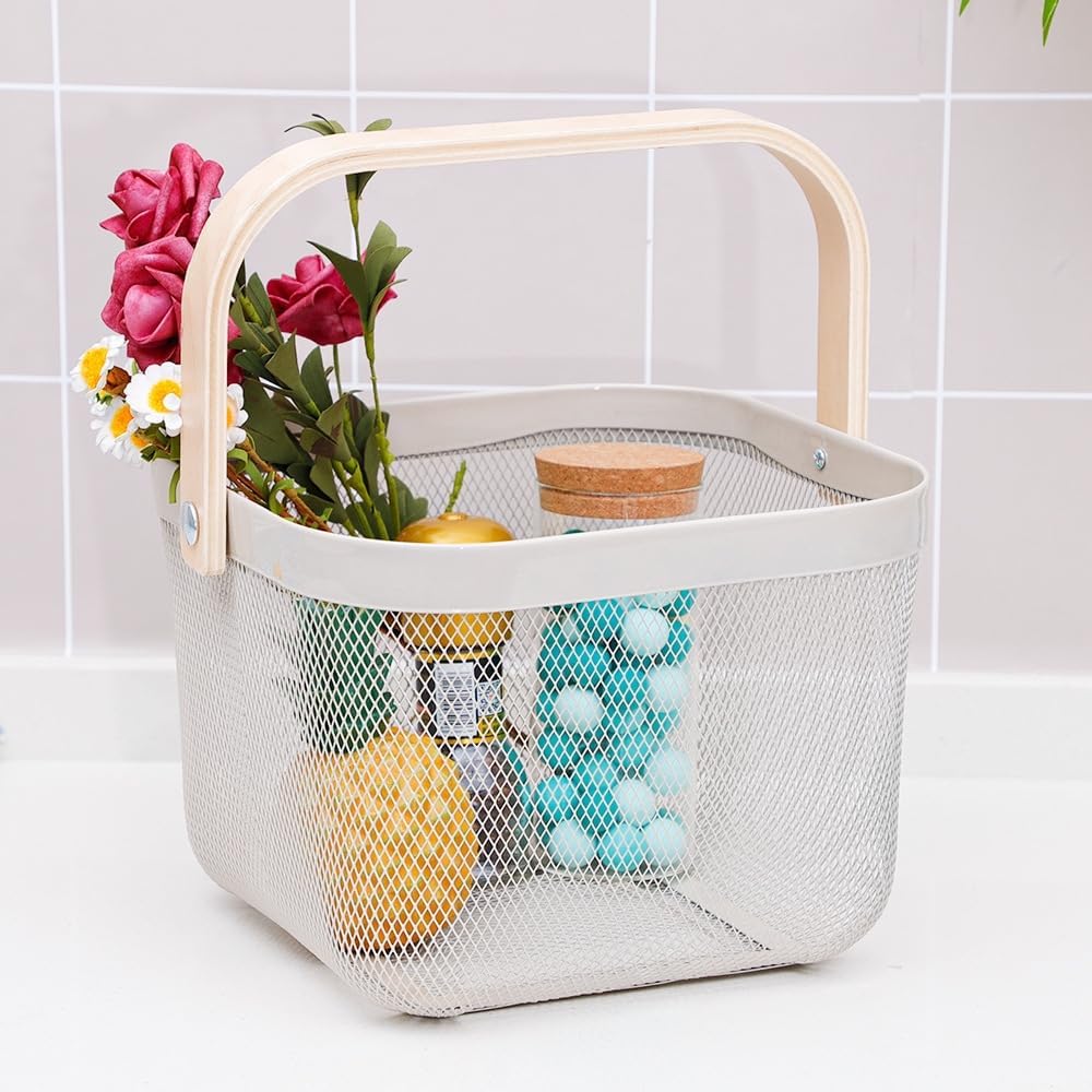 Mesh Steel Storage Organizer Basket Fruit Basket Bin with Wood Handle Ideal for Kitchen Bathroom Picnic Baskets Pantry Cabinets Storage Home Decor (White)