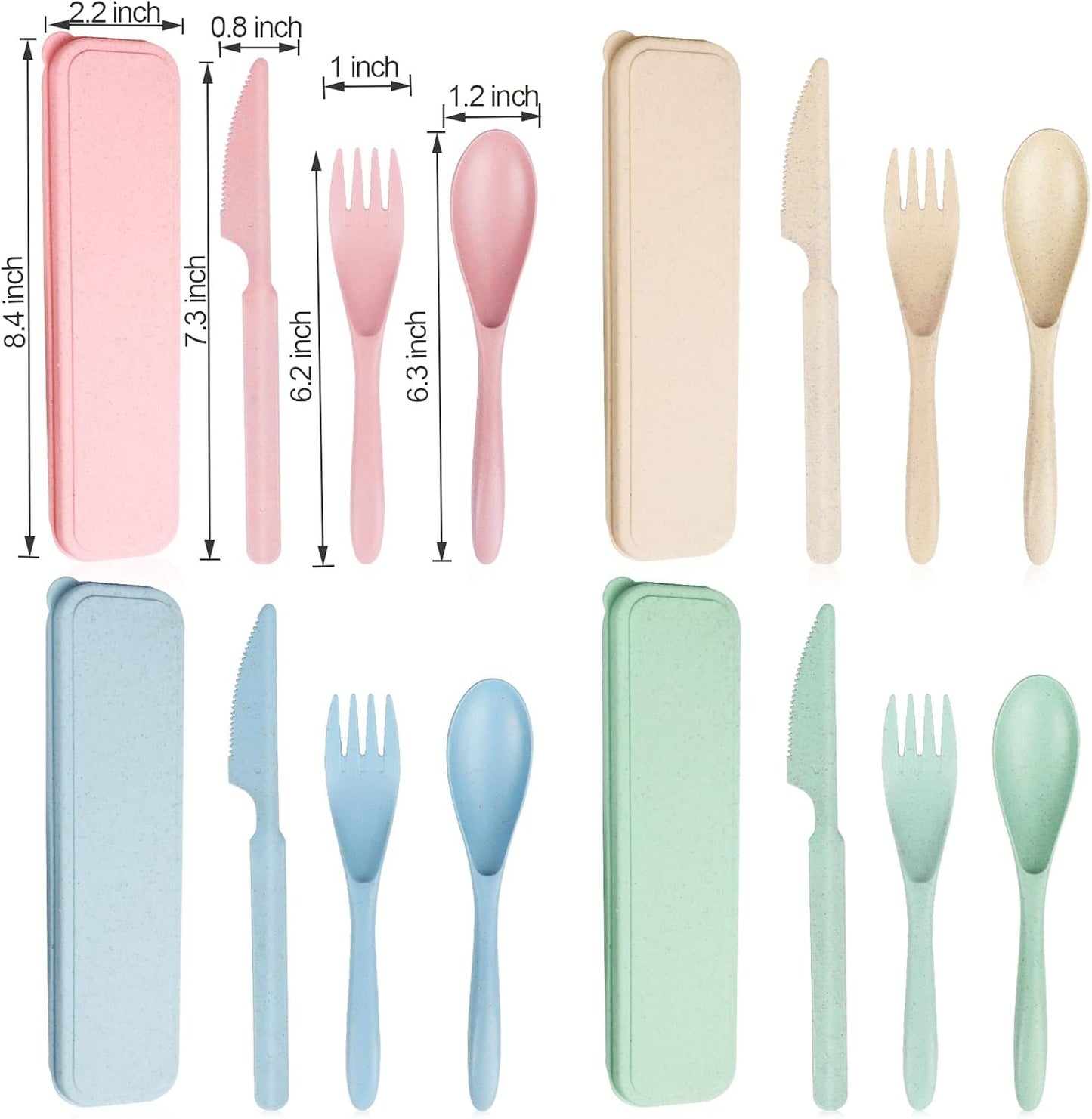 Reusable Travel Utensils Set with Case, 4 Sets Wheat Straw Portable Knife Fork Spoons Tableware, Eco-Friendly BPA Free Cutlery for Kids Adults Picnic Camping Utensils(Green, Beige, Pink, Blue)