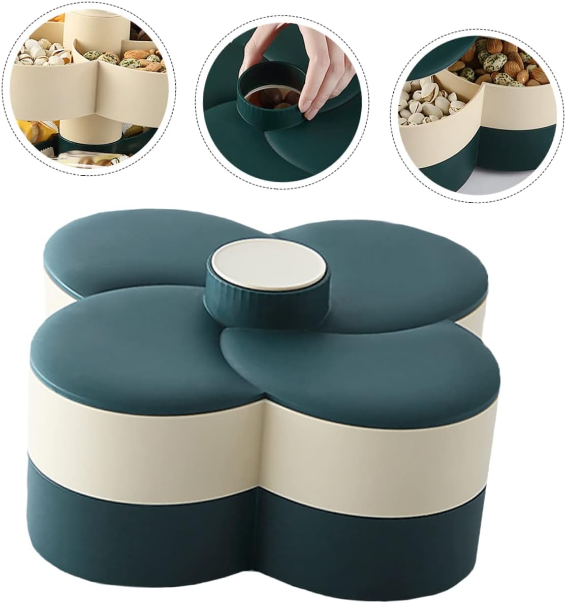 SMASOLO Double Layer Rotating Snack Storage Tray with Lid Divided Candy and Nut Organizer for Home Office and Party Use Green