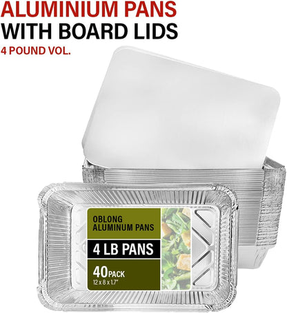 PARTY BARGAINS 4 lb Aluminum Pans with Board Lids, 50 Pack – 12 x 8 in Disposable Foil Roasting & Steam Table Pans for Catering, Takeout, Meal Prep, Oven Safe up to 240°C
