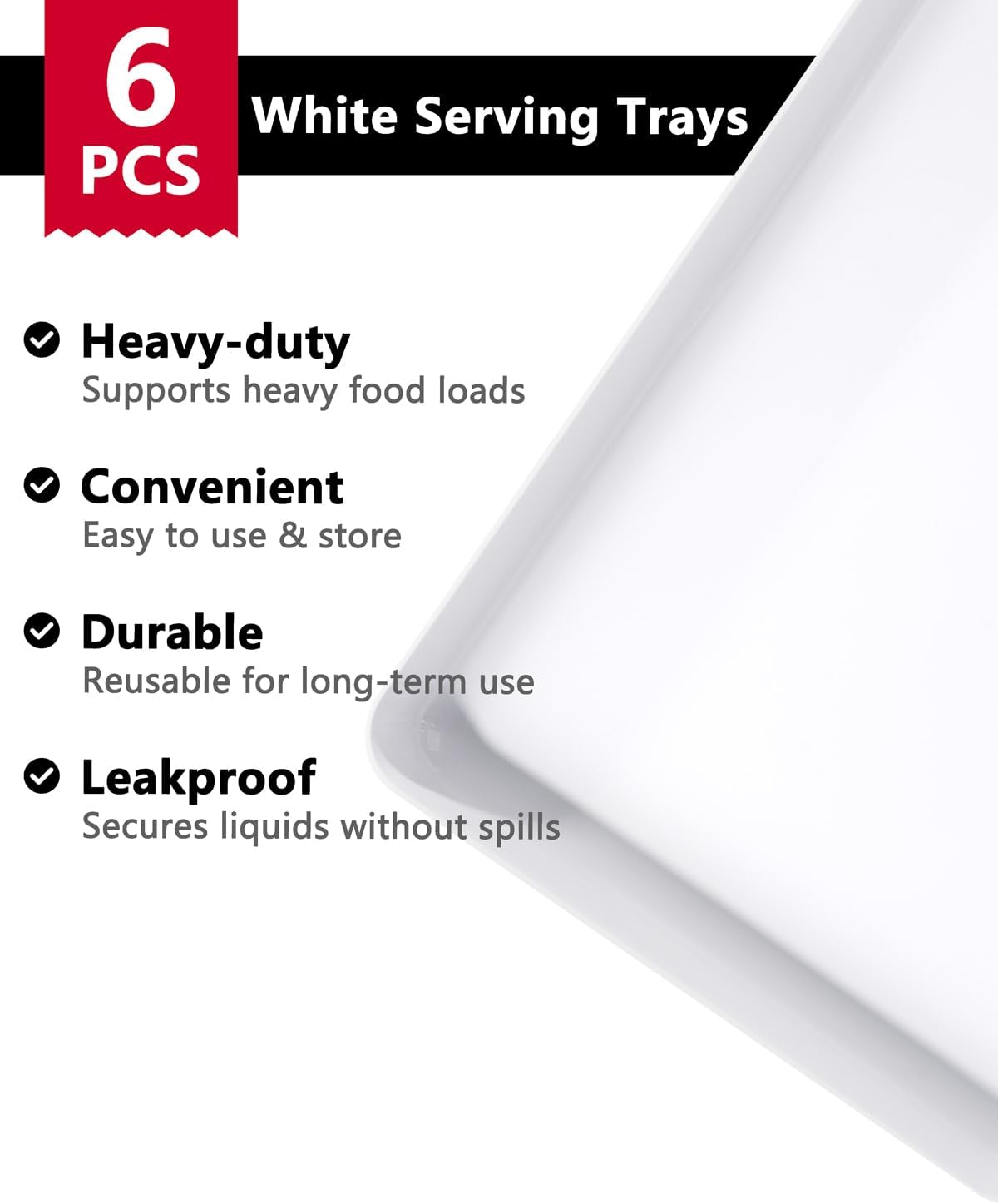 YOUBET 6 PCS Plastic Serving Trays - White Trays for Serving Food - Super Strong Disposable Platters, Heavy Duty Plastic Trays for BBQ, Picnic, Party, Wedding