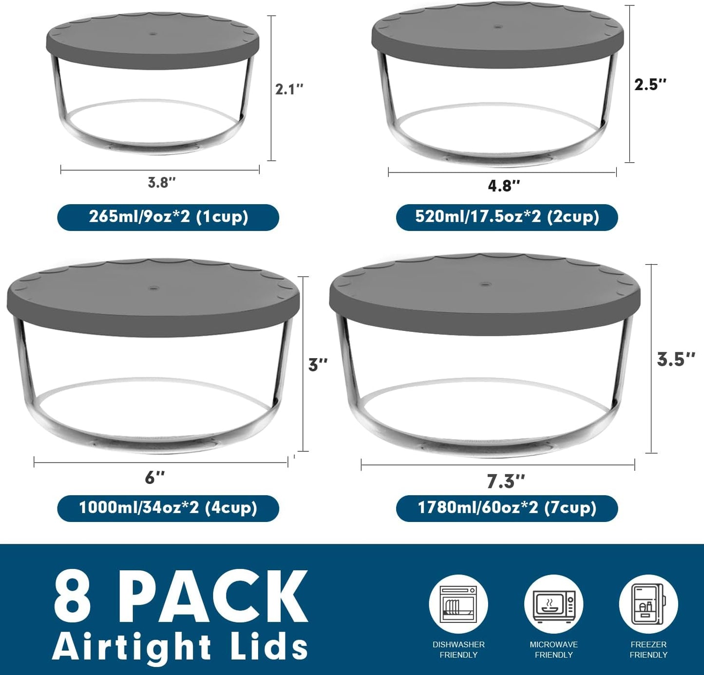 M MCIRCO 8-Pack Glass Food Storage Containers Set, Round Containers with Lids, 7, 4, 2 & 1-Cup, Microwave Dishwasher Friendly, BPA-Free Meal Prep Containers