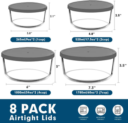 M MCIRCO 8-Pack Glass Food Storage Containers Set, Round Containers with Lids, 7, 4, 2 & 1-Cup, Microwave Dishwasher Friendly, BPA-Free Meal Prep Containers