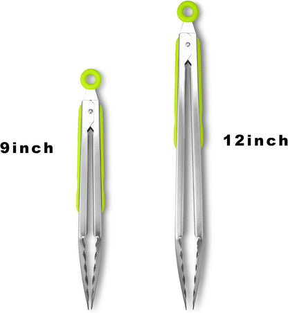 304 Stainless Steel Kitchen Cooking Tongs, 9" and 12" Set of 2 Sturdy Grilling Barbeque Brushed Locking Food Tongs with Ergonomic Grip, Black