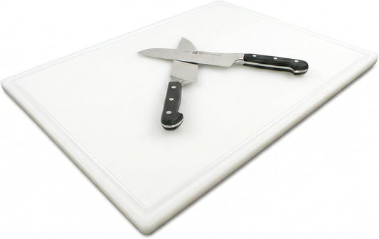 Thirteen Chefs 18x12 White Cutting Board with Groove, 1/2" Thick Plastic