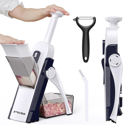 [All in 1] Upgraded Version Safe Mandoline Slicer for Kitchen, Adjustable Thickness. Veggie Slicer, Rapid Prep Mandoline, Detachable Blade, Cleaning Brush/Paring Knife (Black Knight)