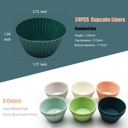 Silicone Cupcake Baking Cups 24 Pack, Reusable & Non-stick Muffin Cupcake Liners Holders Set for Party Halloween Christmas, Easy Clean Pastry Muffin Molds（Pack of 24,Multicolor）