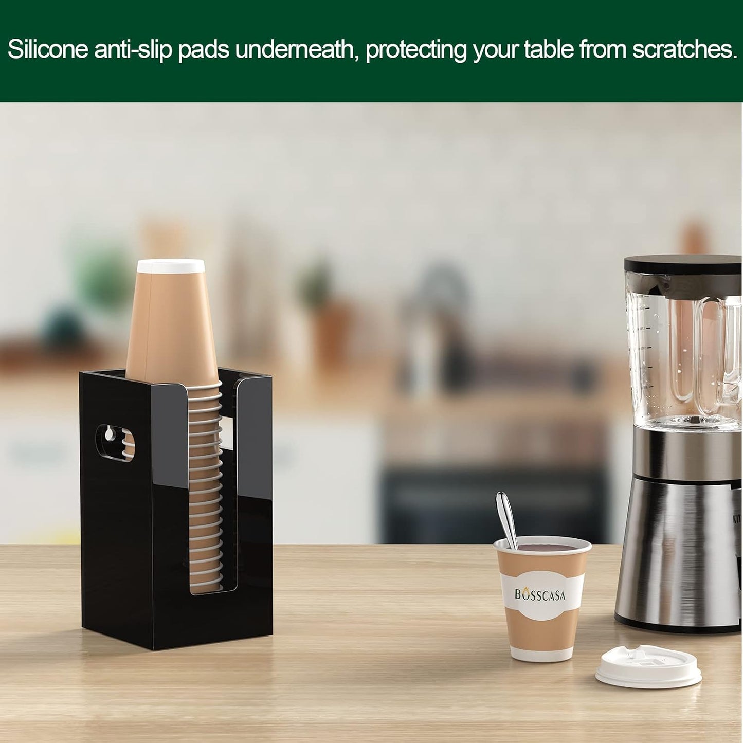 Disposable Coffee Cup Dispenser with Handles, Countertop or Wall Mount Hot/Cold Drink Cup and Lid Holder - Bathroom/Kitchen/Office Acrylic Cup Lid Storage Organizer (1 Compartment, Clear)