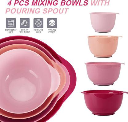 BoxedHome Nesting Plastic Mixing Bowl Set With Pour Spout, Microwave and Dishwasher Safe, BPA free Non-Slip Base, Set of 4 Size 1.7, 2.5, 3.5 and 4.5qt, Great for Prepping, Baking, Cooking (Dark Blue)