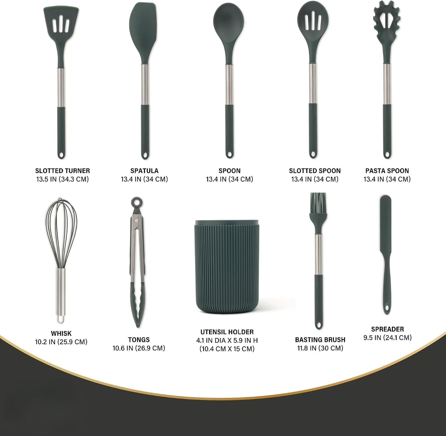 10-Piece Silicone Kitchen Utensil Set with Holder, High Heat Resistant & Nonstick Safe, Dishwasher Safe - Green