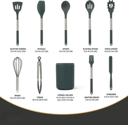 10-Piece Silicone Kitchen Utensil Set with Holder, High Heat Resistant & Nonstick Safe, Dishwasher Safe - Green