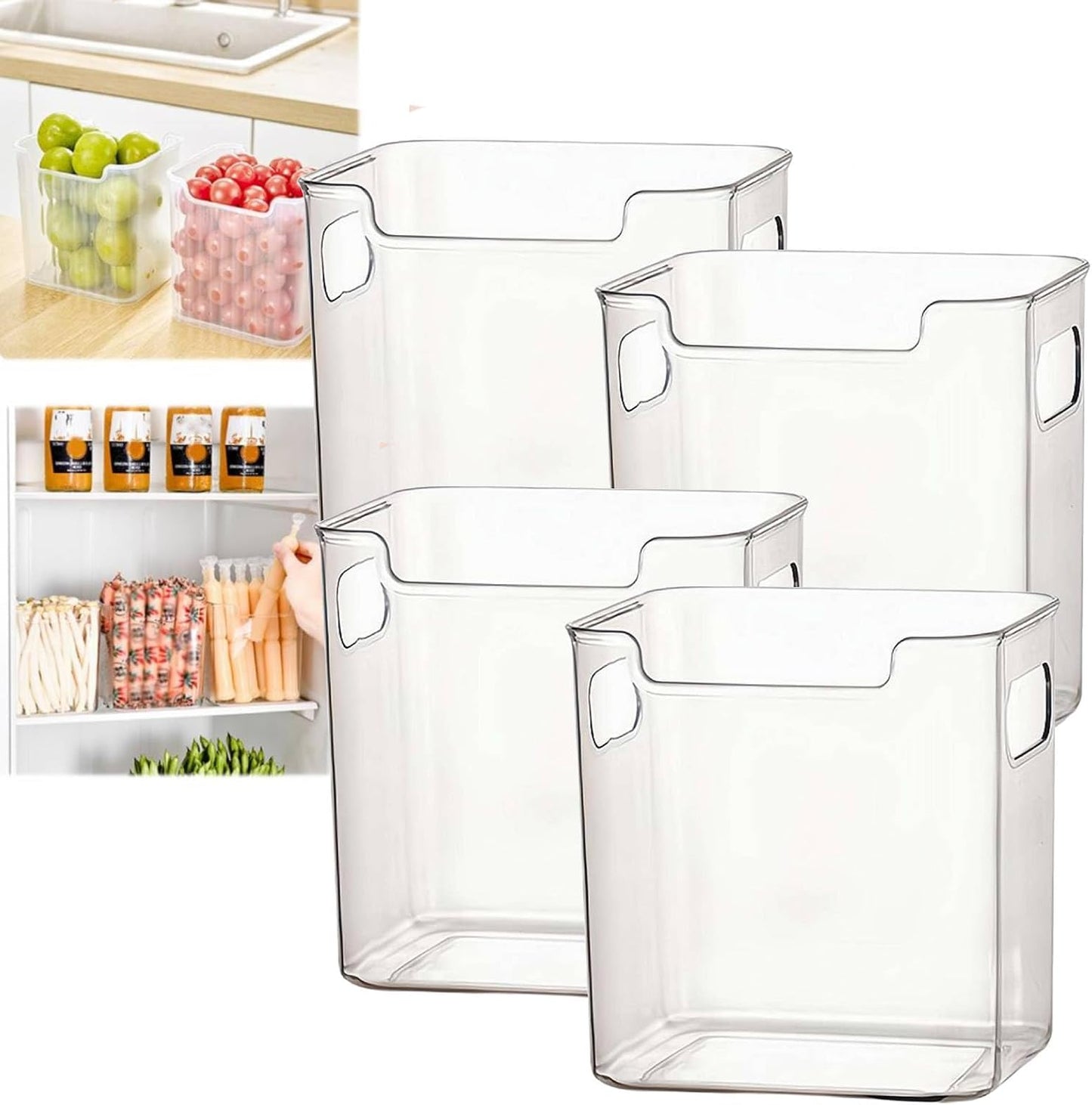 Crystal ClearFreezer Storage Bins,4 Pack Cleard Plastic Bins for Refrigerator and Pantry,Clear Plastic OrganizerBins with Handles,Stackable Kitchen Cabinet Organizer for Frozen Food,Meat & Veggies