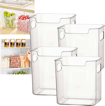 Crystal ClearFreezer Storage Bins,4 Pack Cleard Plastic Bins for Refrigerator and Pantry,Clear Plastic OrganizerBins with Handles,Stackable Kitchen Cabinet Organizer for Frozen Food,Meat & Veggies