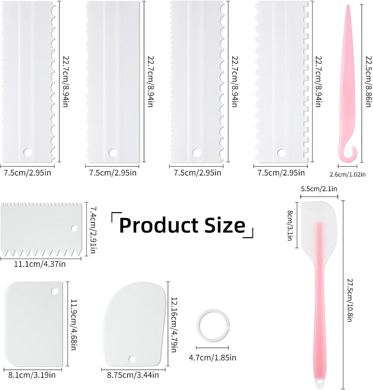 9PCS Cake Scraper Set with Cake Scraper Smoother Set, Adjustable Icing Scraper Polisher Tool, Cake Decorating Comb, Icing Smoother Plastic Sawtooth,Cake Icing Kitchen Baking Cake Edge(White)