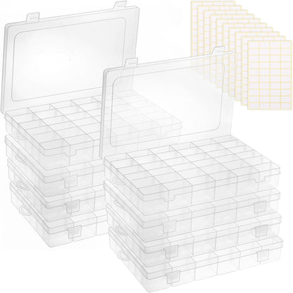 2 Pack Clear Bead Organizer Tackle Box with Adjustable Dividers for Jewelry Art Craft Containers 36 Grids Compartment with 5 Sheets Label Stickers