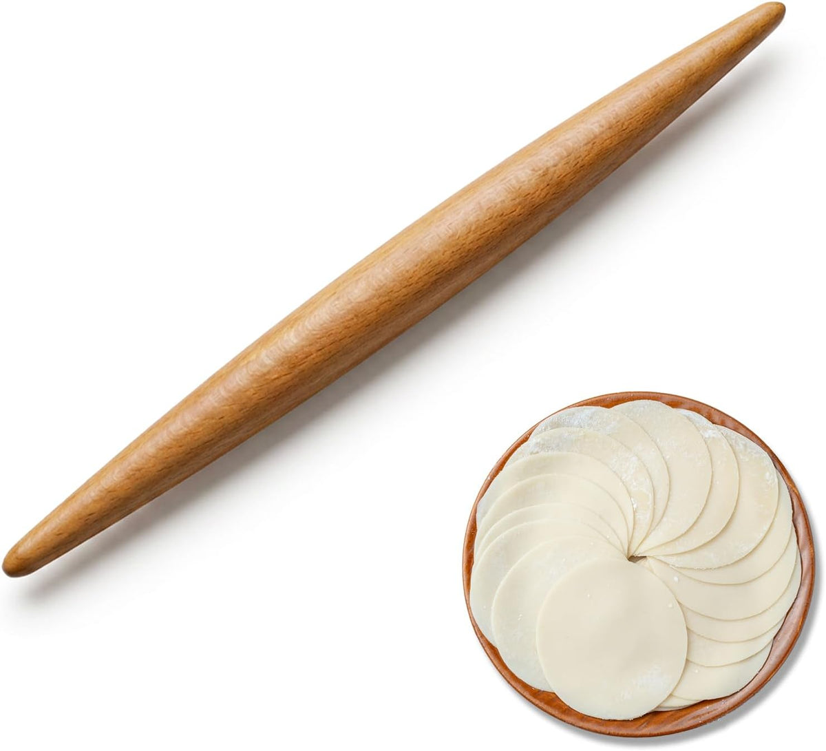 12.6 Inch French Rolling Pin, Tapered Solid Beechwood Dough Roller
