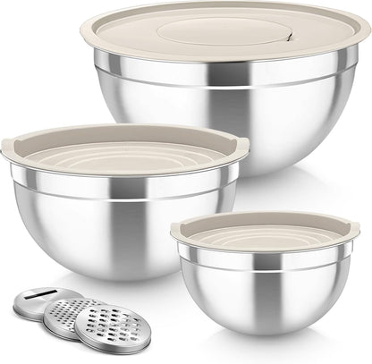 TeamFar Mixing Bowls, Stainless Steel Nesting Salad Bowls with Lids Set of 3 & 3 Grater Attachments, For Mixing/Serving/Storing, Non-toxic & Long-lasting, Size 4.6/3 / 1.5 QT, Black