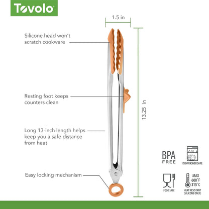 Tovolo Tongs With Silicone Tips Easy Grip 13” Long Kitchen Tongs Stainless Steel Handle For Cooking BBQ, Non Scratch Heat Resistant Locking Metal Silicone Tipped Dishwasher Safe BPA Free, Black