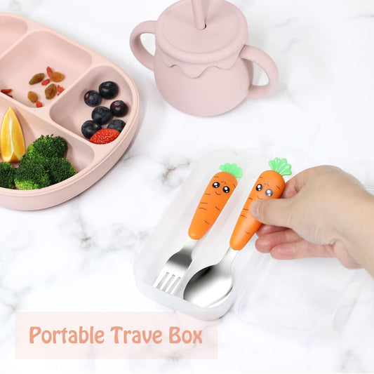 Ginbear Toddler Utensils with Case, Non-toxic Kids Spoons and Forks for Ages 18 Months+, Cute Child Flatware Set